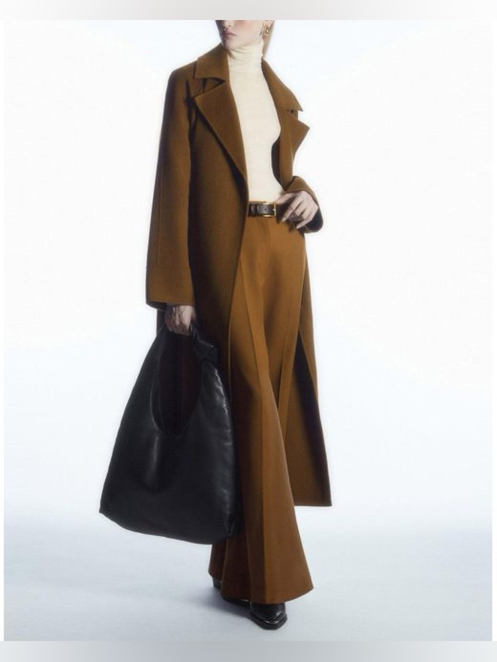 COS Brown Boot-Cut Wide-Leg Trousers with Cream Turtleneck Styling